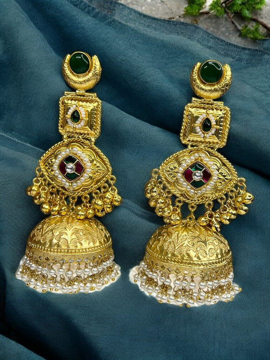 Golden Green Priyali Brass Jhumki Earrings