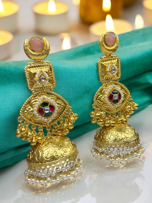Golden Pink Priyali Brass Jhumki Earrings