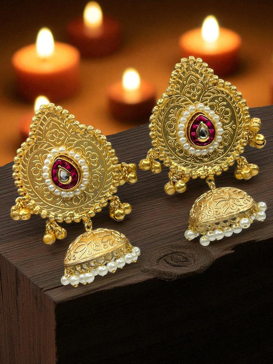Golden Red Vihana Brass Jhumki Earrings