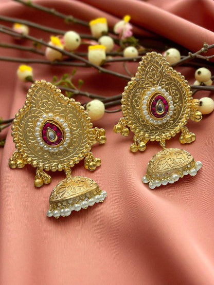 Golden Red Vihana Brass Jhumki Earrings