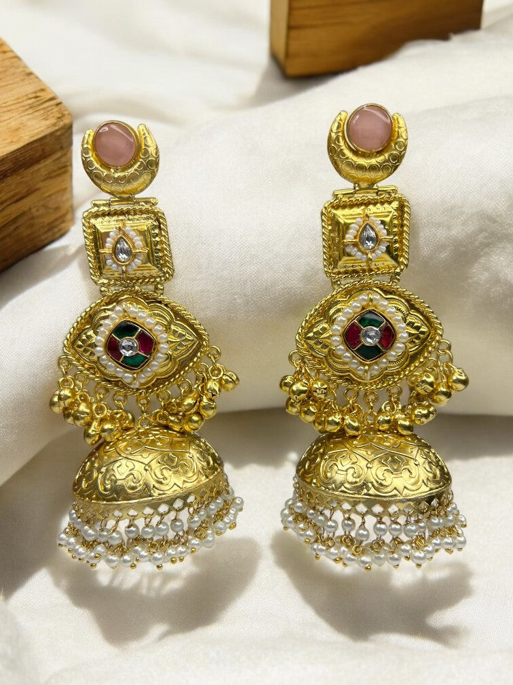 Golden Pink Priyali Brass Jhumki Earrings