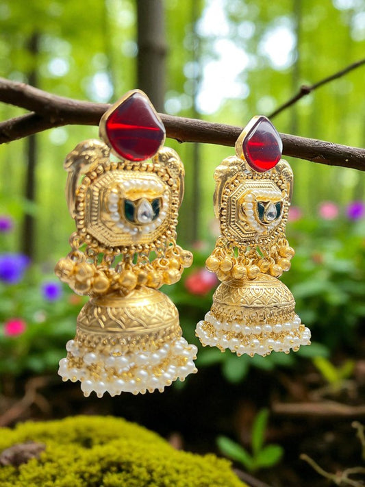 Golden Red Kaira Brass Jhumki Earrings
