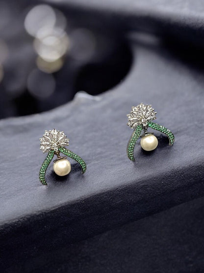 Green AD Pearl Stud Earrings