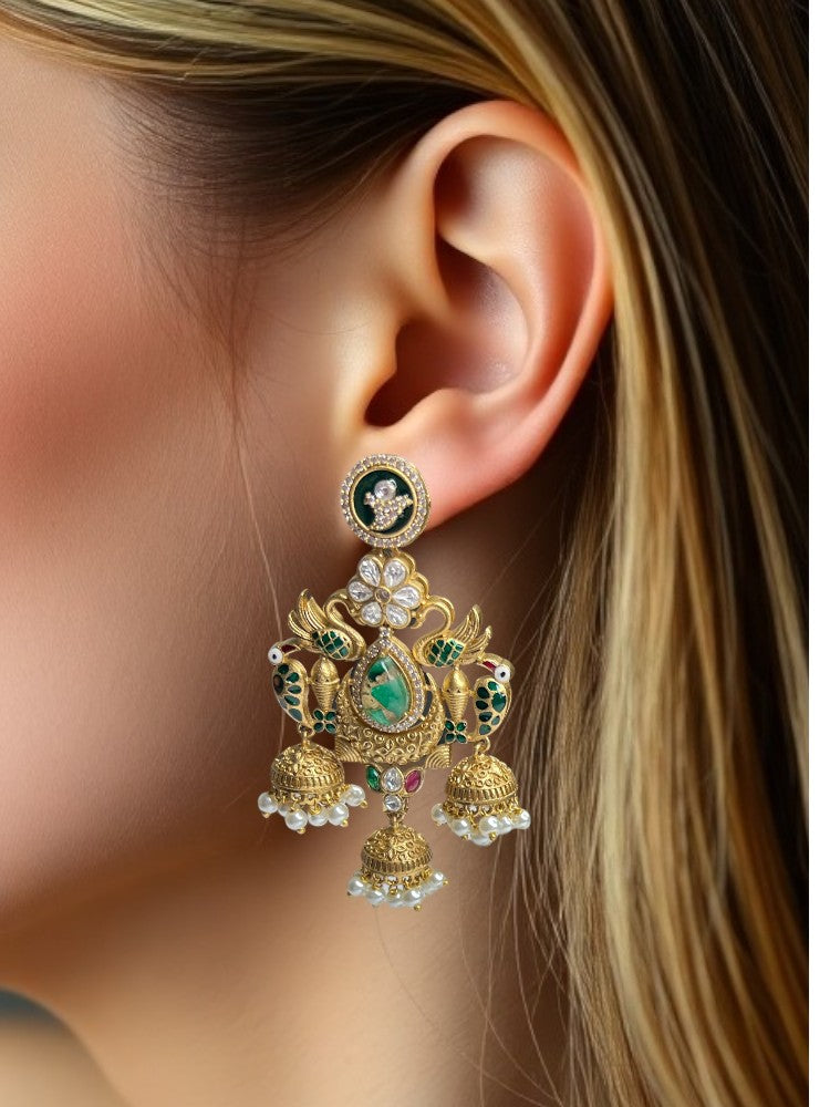 Green Kaveri Pearl Brass Jhumki Earrings