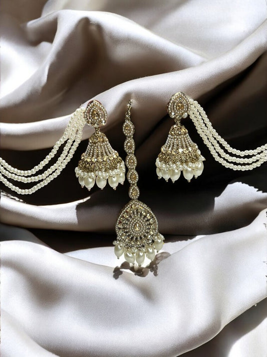 Ivory Purna Jhumkis with Sahara chain and Maangtikka