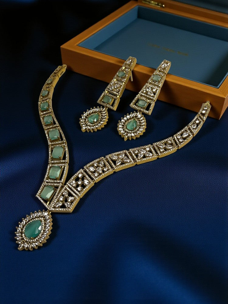 Mint Green Gold Amara American Diamond Necklace Set