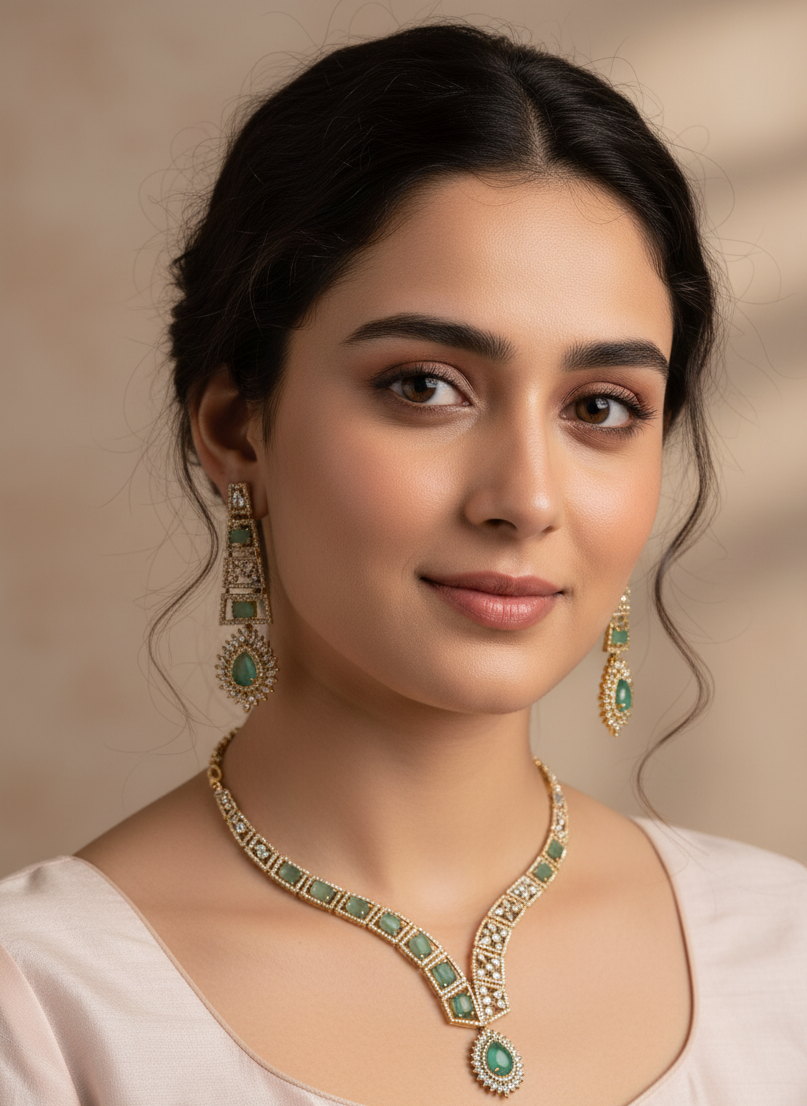 Mint Green Gold Amara American Diamond Necklace Set