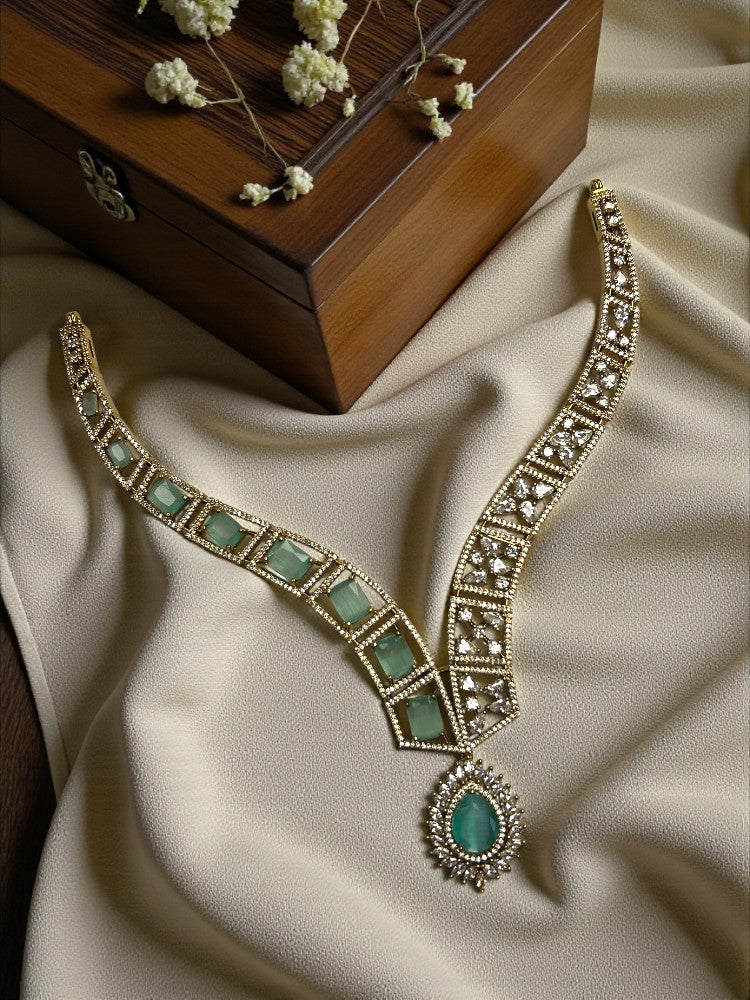 Mint Green Gold Amara American Diamond Necklace Set