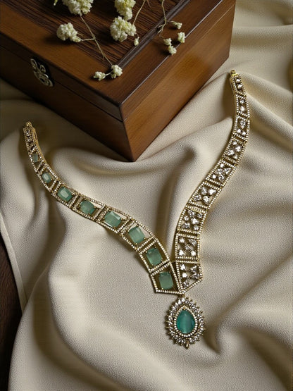 Mint Green Gold Amara American Diamond Necklace Set