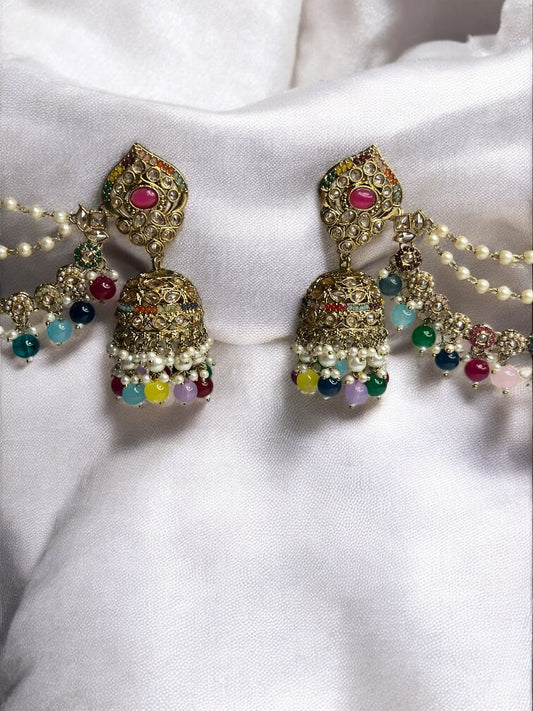 Multicolour Diya Jhumkis with Sahara Chain
