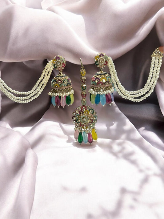 Multicolour_Deeksha_Jhumki_Earrings_with_Sahara_Chain_Maangtikka