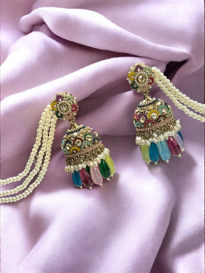 Multicolour Deeksha Jhumki Earrings with Sahara Chain and Maangtikka