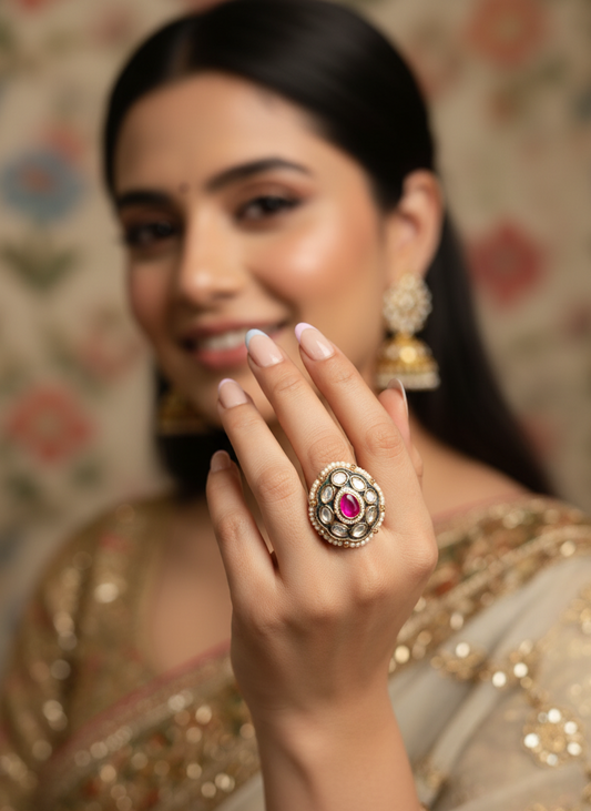 Multicolour Kundan Pearl Ring