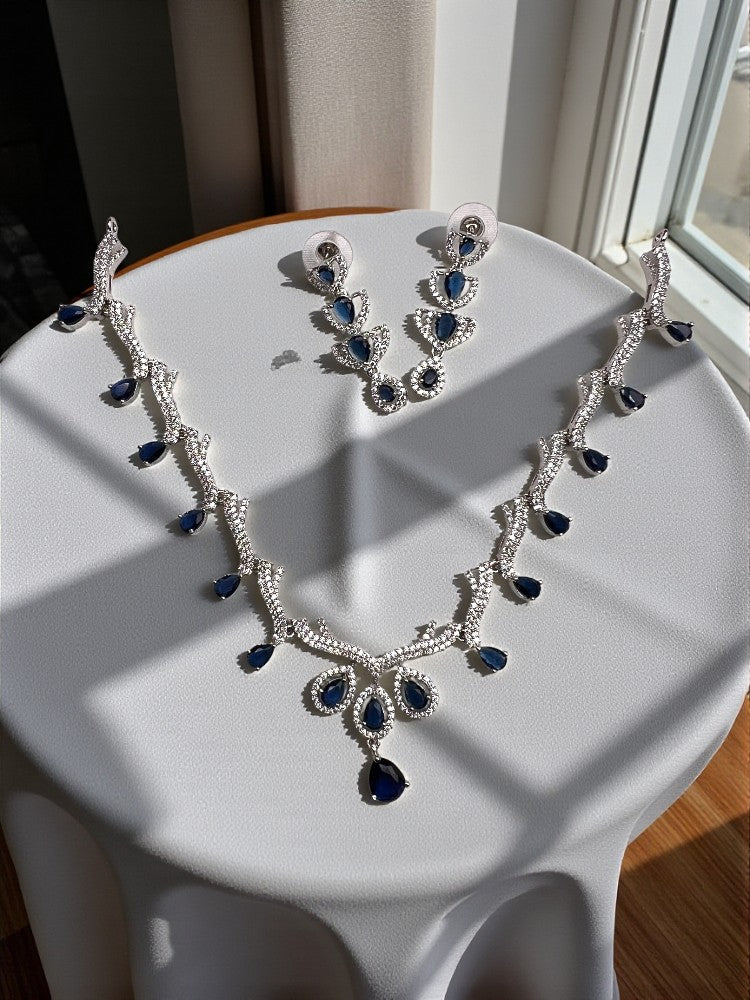 Navy Blue Silver Indira AD Necklace Set