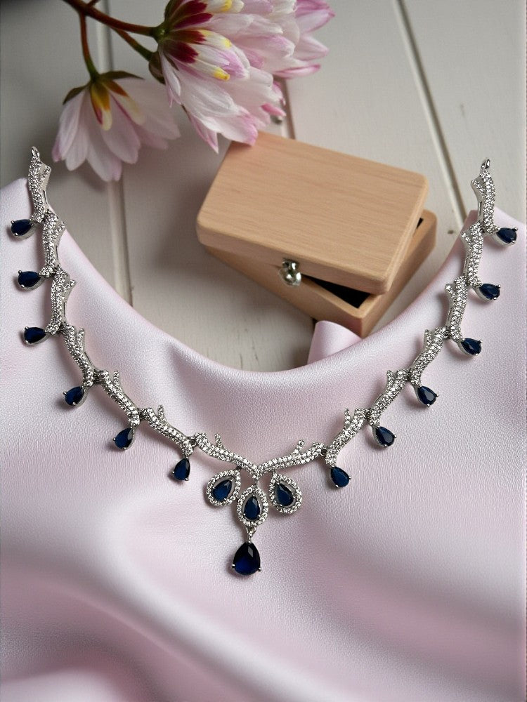 Navy Blue Silver Indira AD Necklace Set