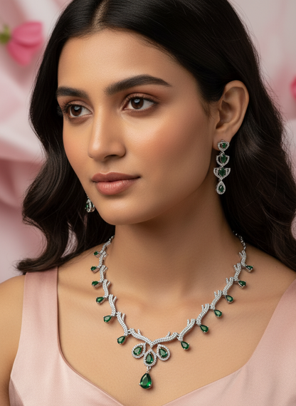 Green Silver Indira AD Necklace Set