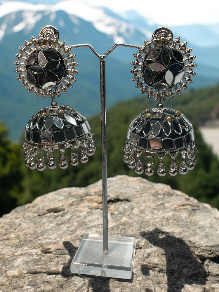 Oxidised Black Mirror Jhumki Earrings
