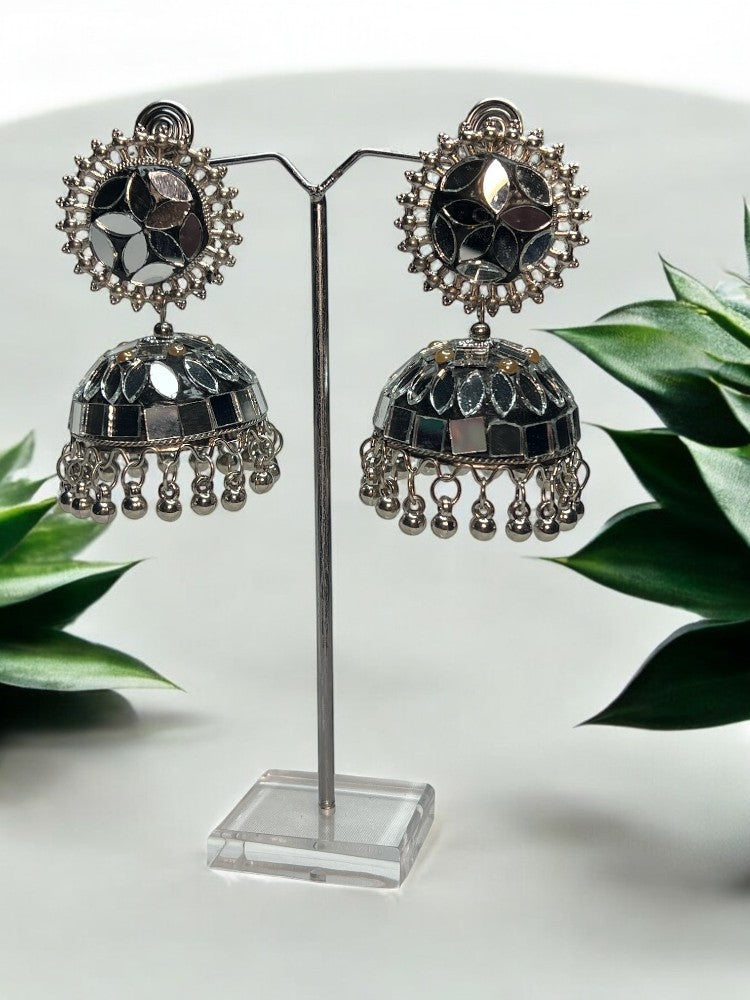 Oxidised Black Mirror Jhumki Earrings