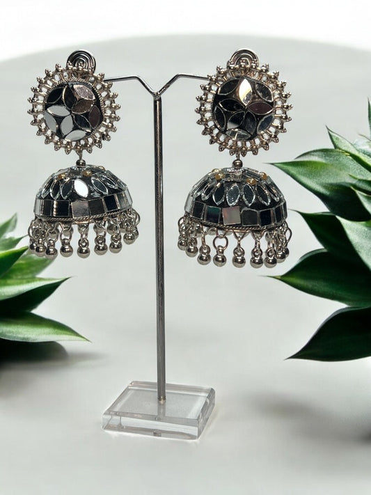 Oxidised Black Mirror Jhumki Earrings