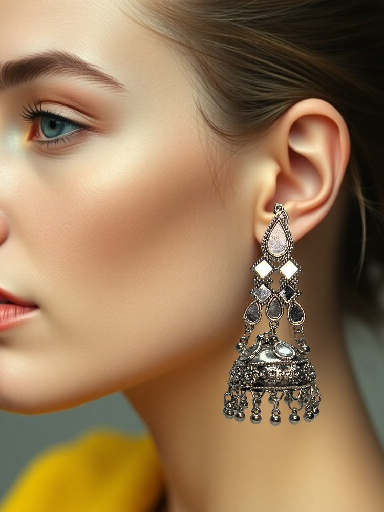Oxidised Geo Mirror Jhumki Earrings