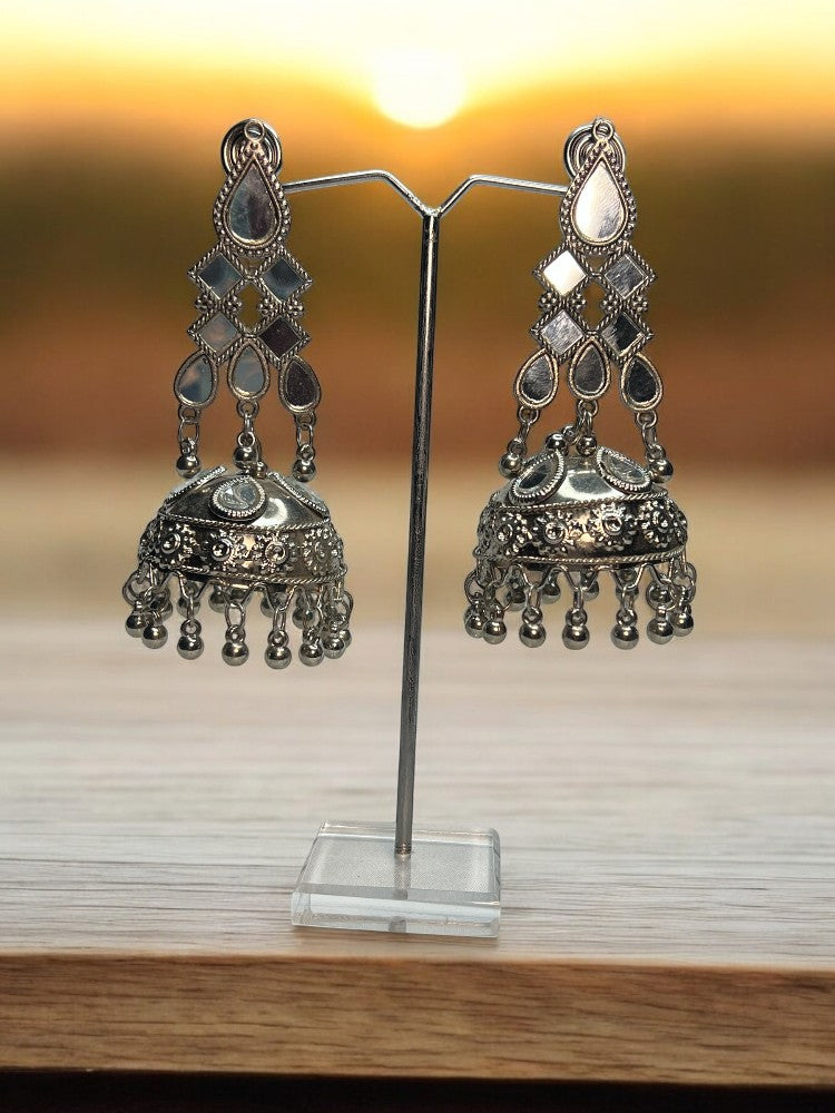 Oxidised Geo Mirror Jhumki Earrings