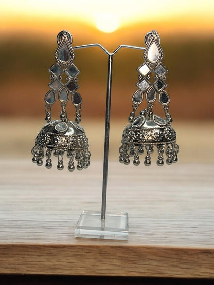 Oxidised Geo Mirror Jhumki Earrings