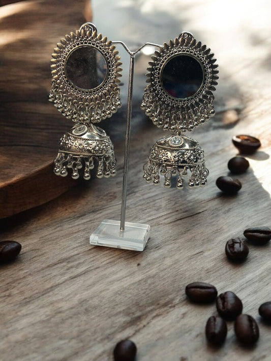 Oxidised Mirror Jhumki Earrings