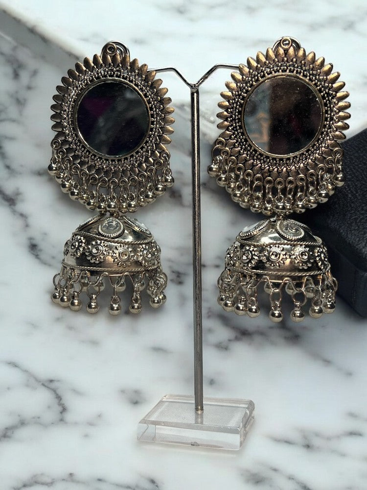 Oxidised Mirror Jhumki Earrings