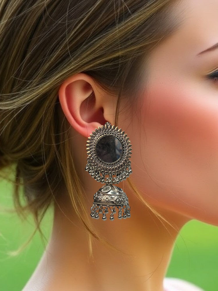 Oxidised Mirror Jhumki Earrings