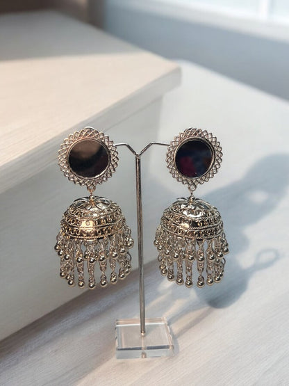 Oxidised Round Mirror Jhumki Earrings