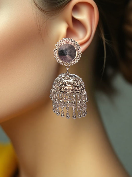 Oxidised Round Mirror Jhumki Earrings