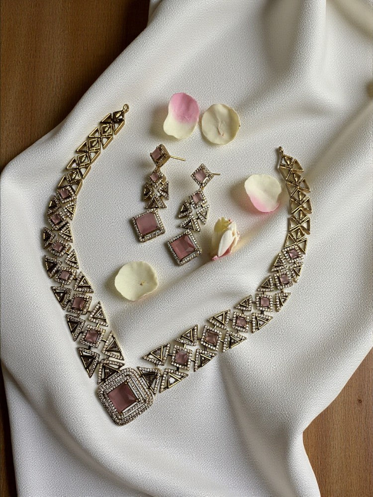 Pink Gold Jiya American Diamond Necklace Set