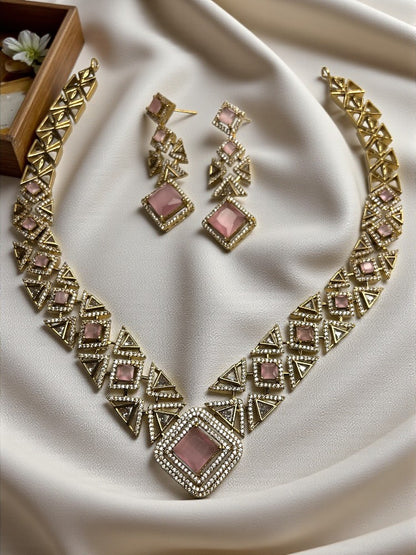 Pink Gold Jiya American Diamond Necklace Set
