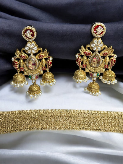 Red Kaveri Pearl Brass Jhumki Earrings