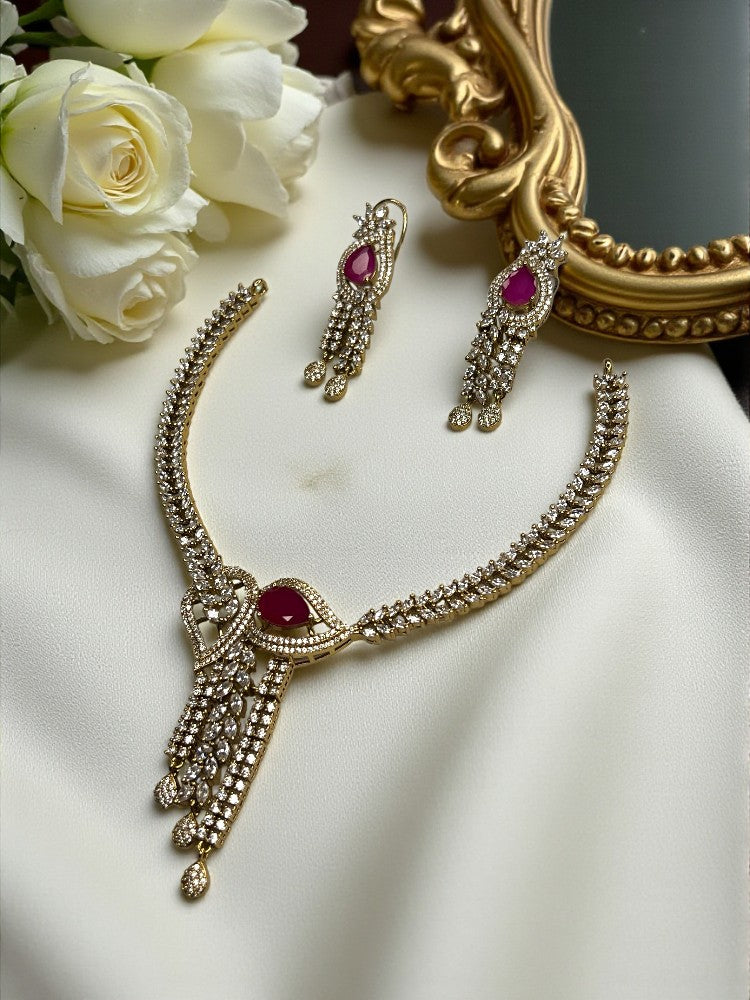 Ruby Golden Niharika American Diamond Necklace Set