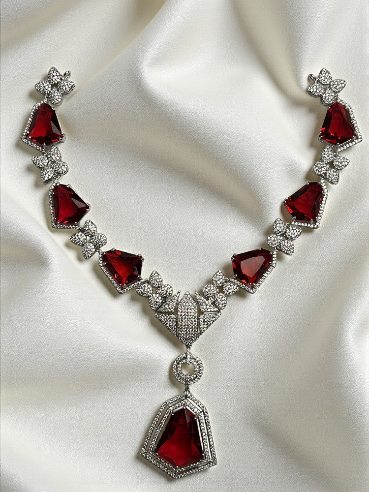 Ruby Silver Swara American Diamond Necklace Set