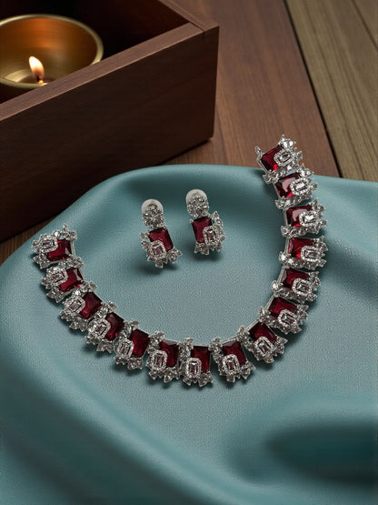Ruby Silver Mahika American Diamond Necklace Set