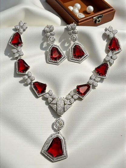 Ruby Silver Swara American Diamond Necklace Set