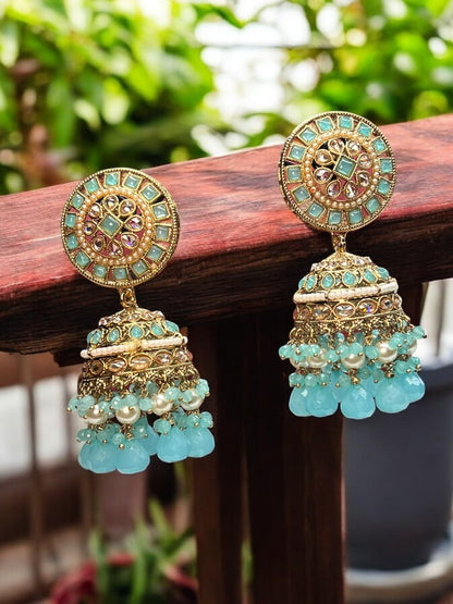 Turquoise Sheena Jhumka Earrings with Maangtikka