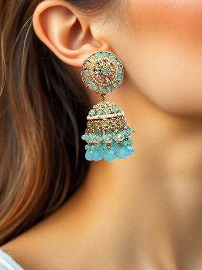 Turquoise Sheena Jhumka Earrings with Maangtikka