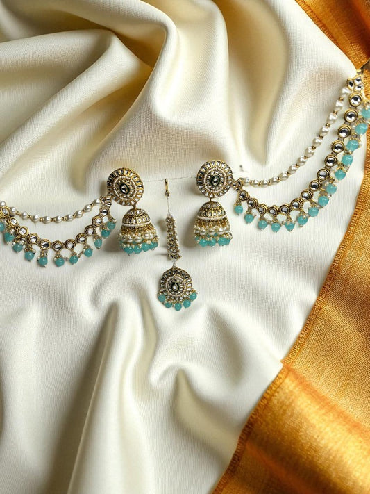 Turquoise Nitya Jhumki Earrings with Sahara Chain and Maangtikka
