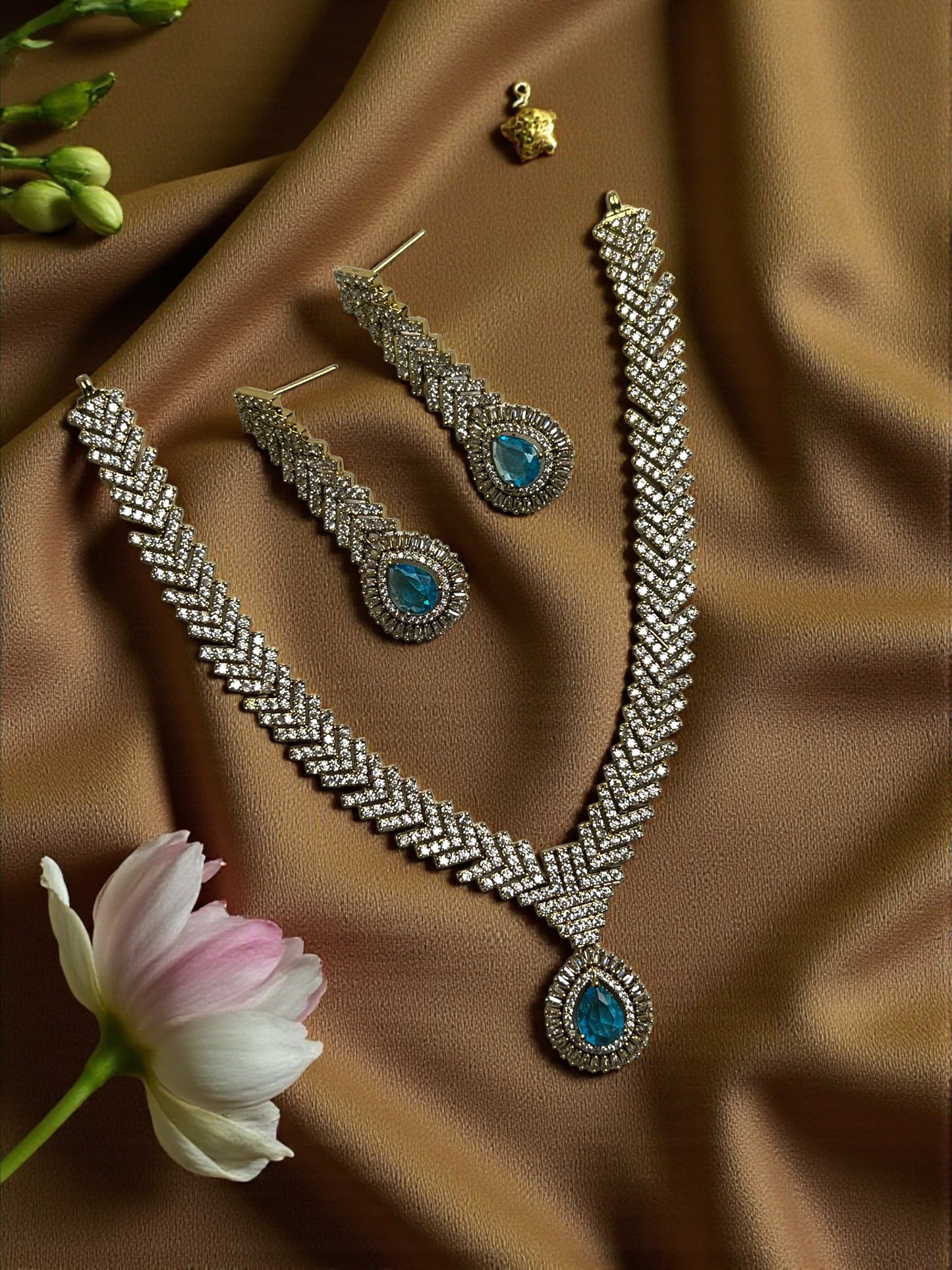 Turquoise Gold Jasmine American Diamond Necklace Set