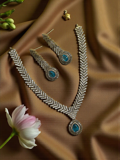 Turquoise Gold Jasmine American Diamond Necklace Set