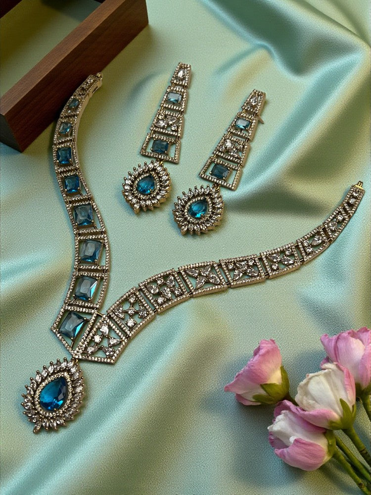 Turquoise Gold Amara American Diamond Necklace Set