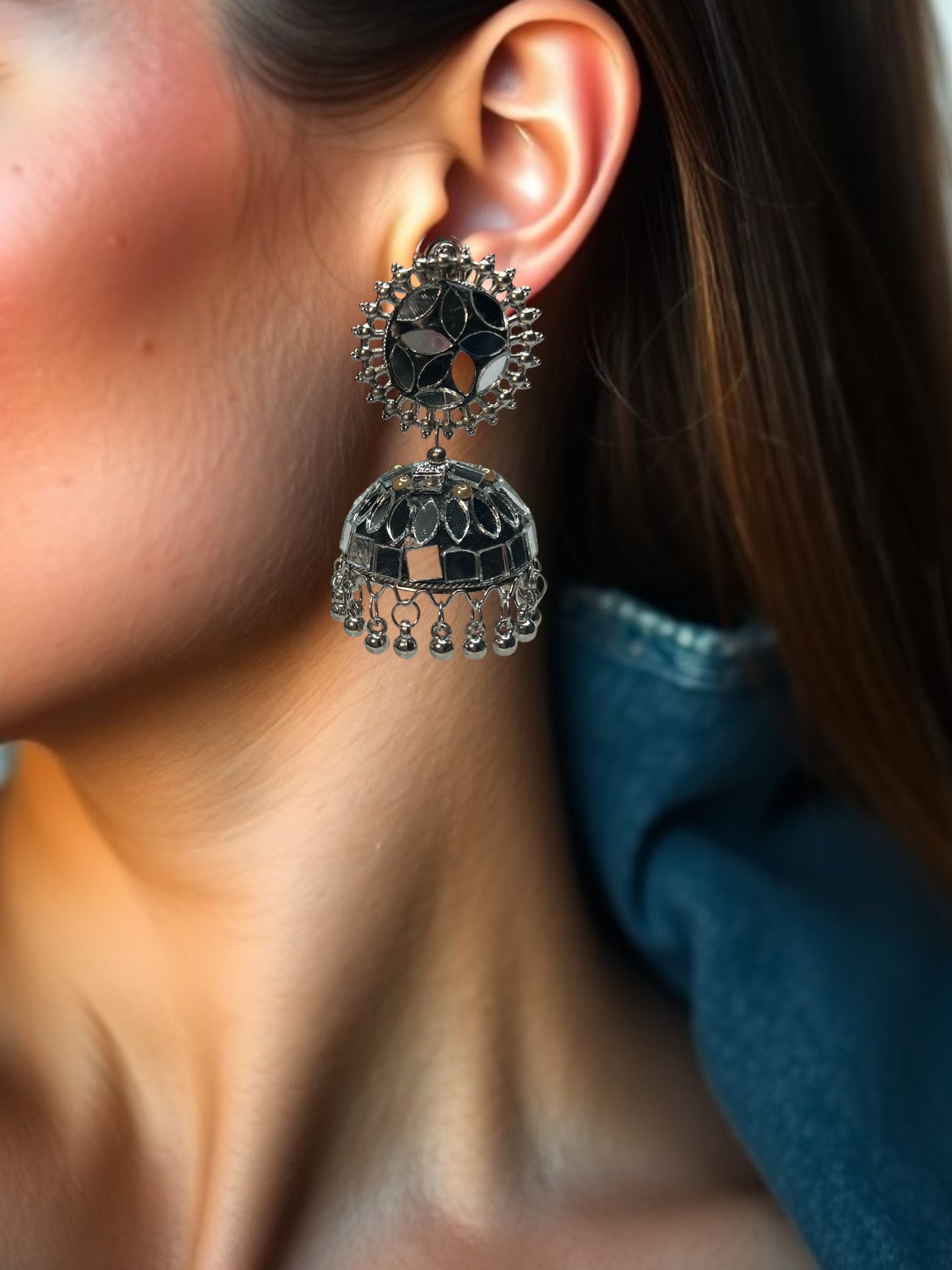 Oxidised Black Mirror Jhumki Earrings