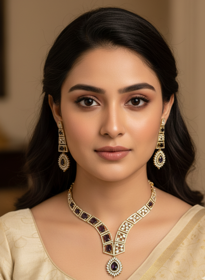 Purple Gold Amara American Diamond Necklace Set